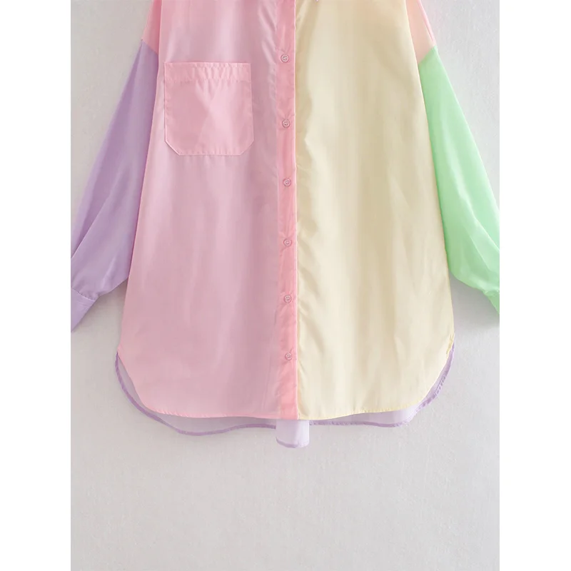 

LINLING 2021 Women Spring Fashion Patchwork Long Sleeve Blouse Za Female Loose Contrast Color Single Breasted Casual Shirt Tops