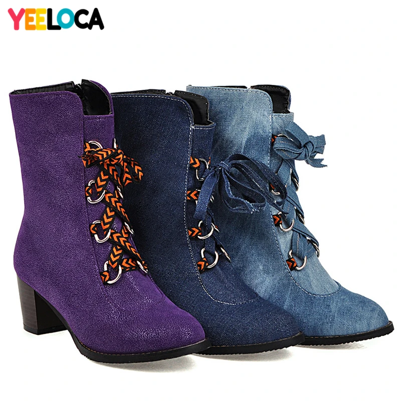 

YEELOCA boots women winter high heels round toe hoof heels lace up riband mid calf short plush denim shoes woman