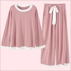Женский пижамный комплект CAIYIER, розовый пижамный комплект с круглым вырезом, Длинный топ и брюки с бантом, свободная Ночная сорочка