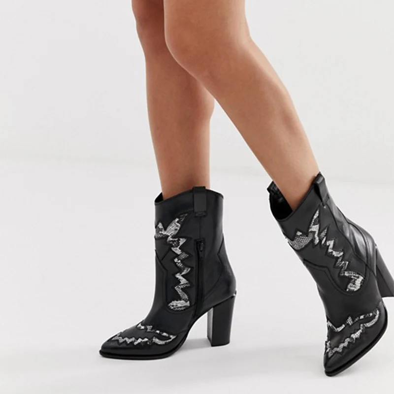 

Женские ботильоны на высоком массивном каблуке, черные ботинки из змеиной кожи, с острым носком, на молнии, большие размеры 11 15