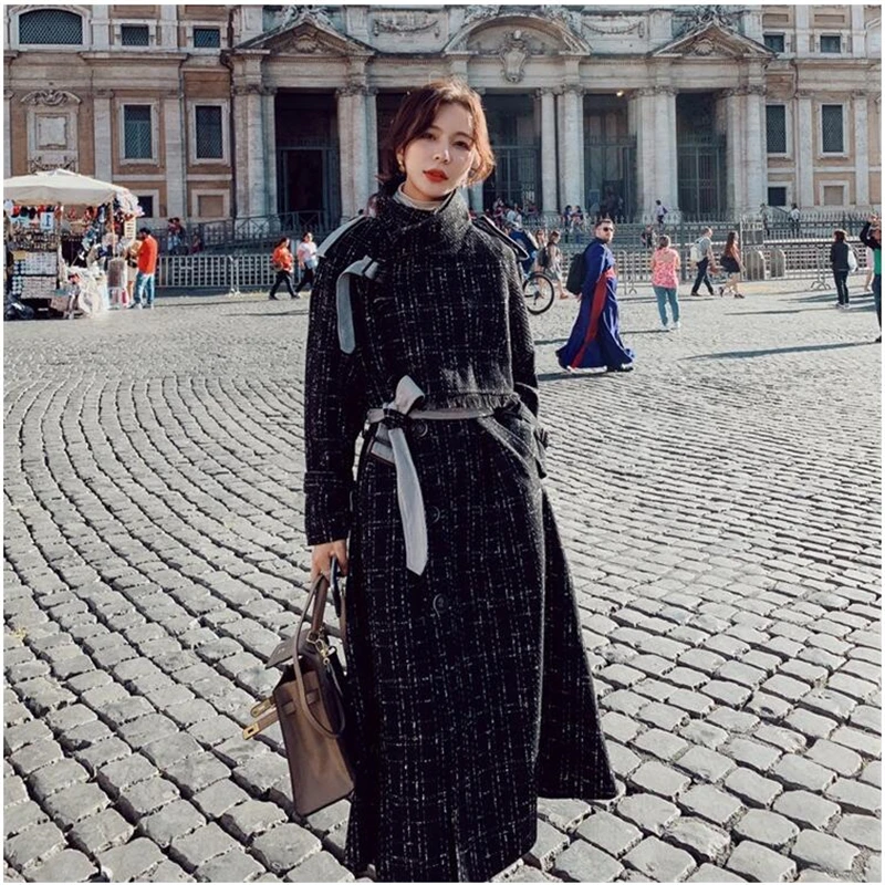 

Women Coat outerwear winter clothing fashion Designs warm woolen blends female elegant Single-breasted Plaid woolen coat S175
