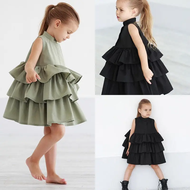 Girls Summer Dress Kids Black Green Ball Gown Party Dresses Baby Girl Sleeveless O Neck Cake Ruffled Tutu Bubble 2-6 Years | Детская