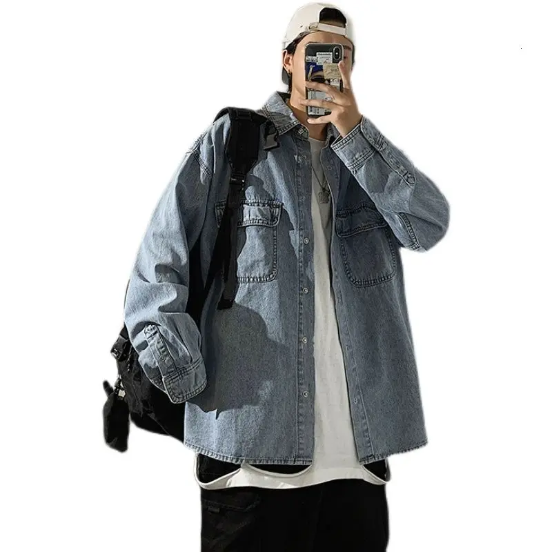 

Spring Korean Denim Jacket Men's Fashion Retro Pocket Denim Jackets Mens Streetwear Korean Loose Hip-hop Bomber Jacket Men M-2XL