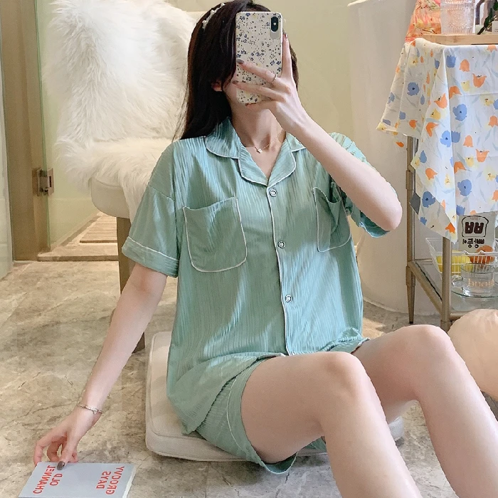 CAIYIER New Sleepwear Women Set Summer Short Sleeve Shorts Turn-down Collar Pajamas Simple Pure Color Girl Cotton Leisure Wear