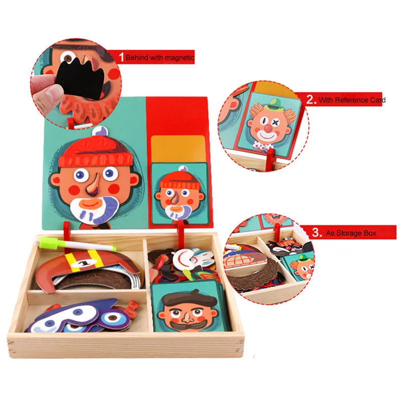 

Children Early Education Magnetic Puzzle Cognitive Matching Girl Clown Replaceable Facial Features Cartoon 3D Wooden Puzzle Toy