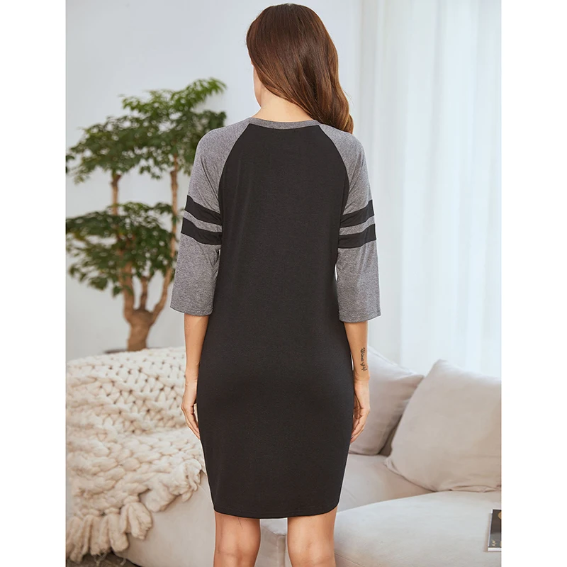 Women's Nightdress European and American Round Neck Stitching Pajamas Sexy Home Casual Pajamas Spring and Summer Long Nightdress