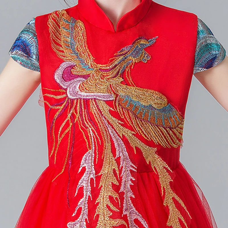 

Wedding Party Trailing Dress Red Girls Princess Kids Dresses for Girls Tutu Embroidered Ball Gown vestido oriental Children