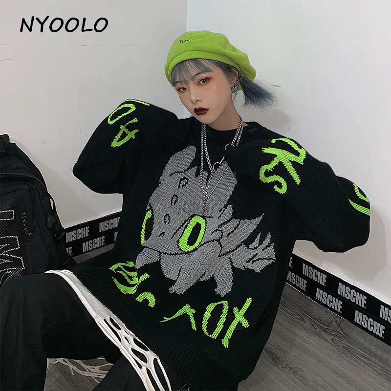 NYOOLO Harajuku Мультфильм Тритон моря буквы теплый вязаный свитер Осень Зима Свободный пуловер толстый свитер для женщин и мужчин