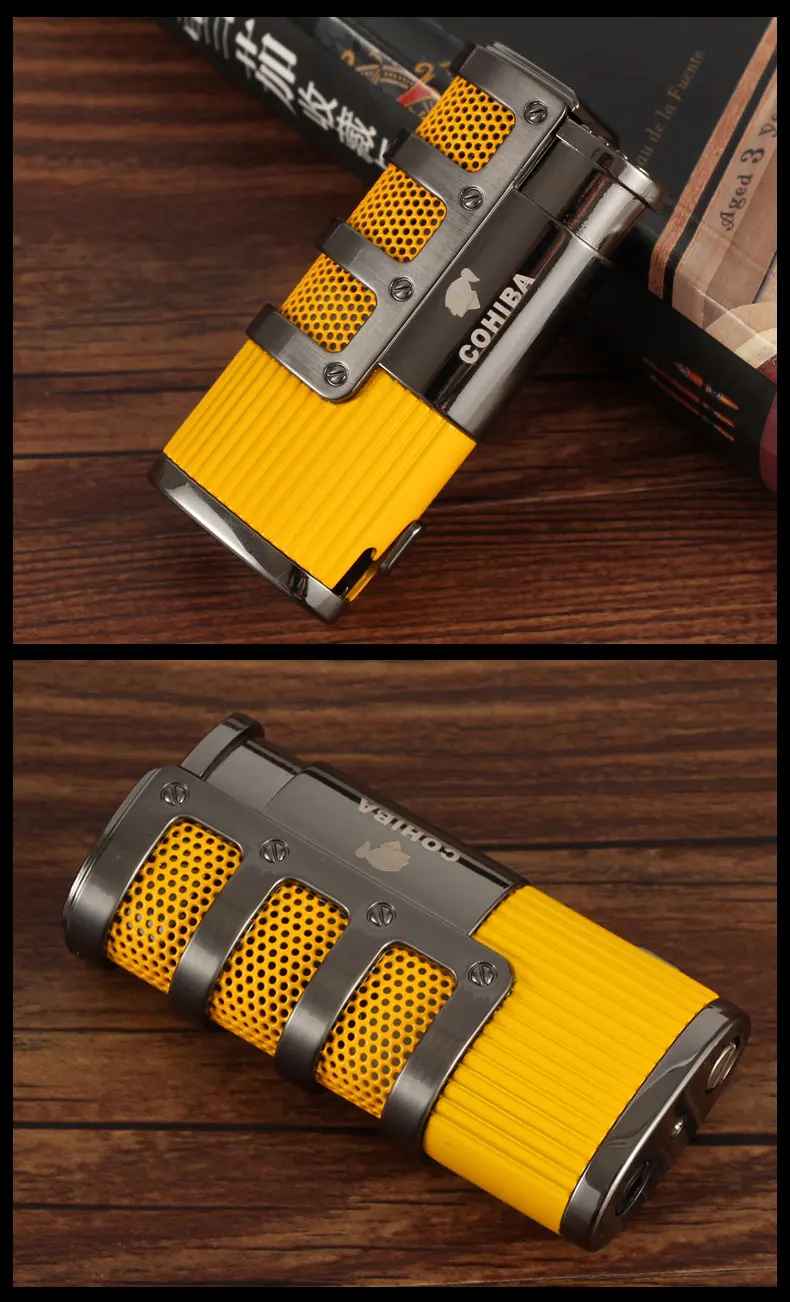 Зажигалка COHIBA металлическая карманная Бутановая Зажигалка для Сигар Зажигалка газовая ветрозащитная 3 струйная модная Зажигалка для Аксессуары для сигар W/Подарочная коробка