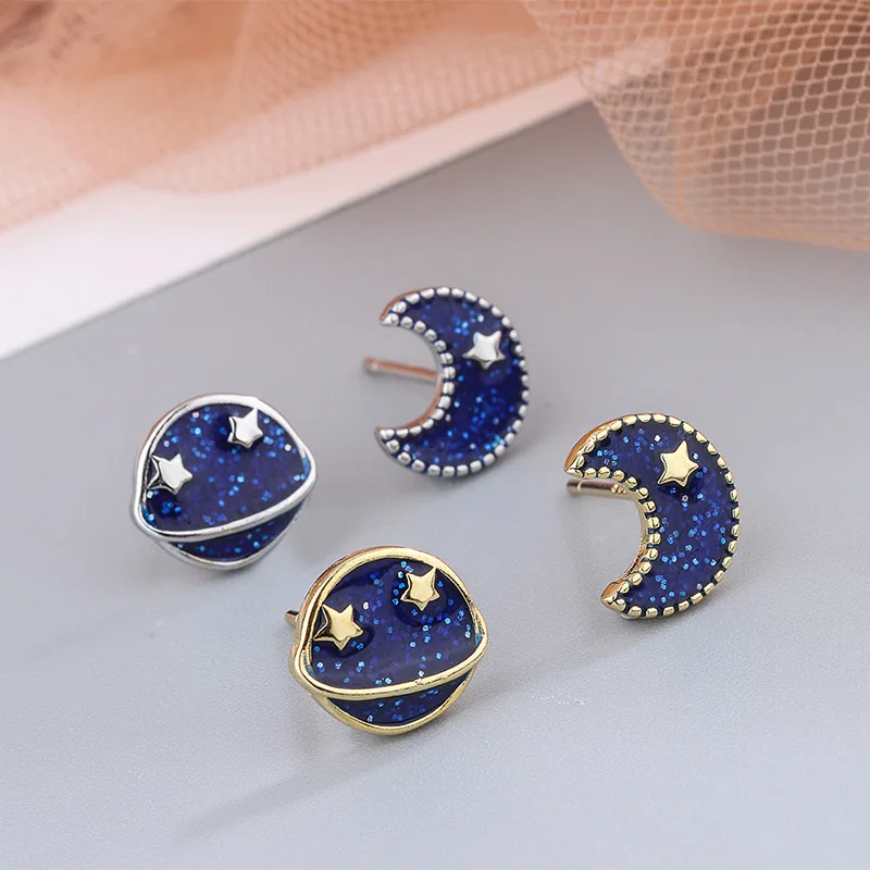 

Женские асимметричные серьги YSH, из стерлингового серебра 100% пробы с синей планетой, звездой, луной, ювелирные изделия «сделай сам», 925