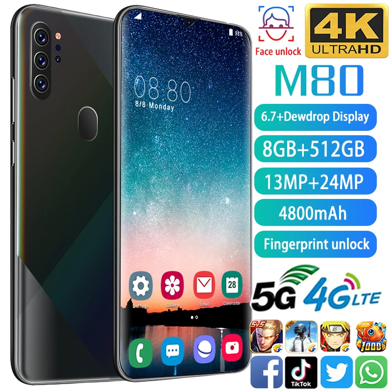 

Global Version M80 Smartphone Full Screen 6.7 Inch Face Fingerprint Unlock Deca Core 4800mAh 8 512GB 4G LTE 5G Network Cellphone