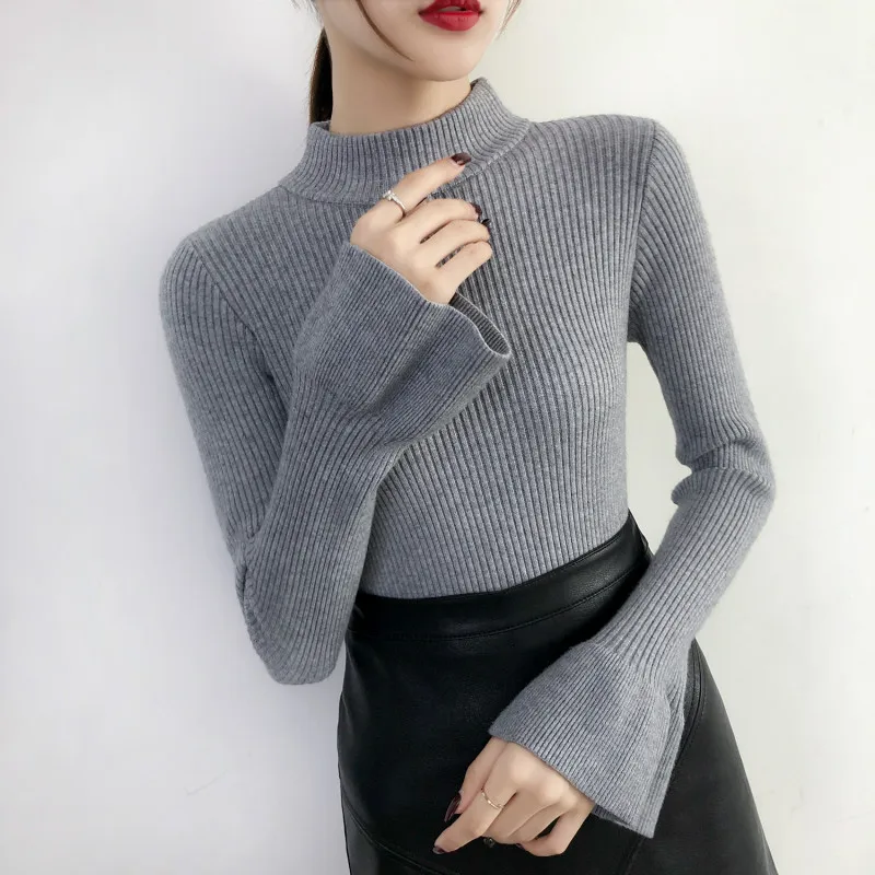 2020 Autumn Winter New Slim Trumpet Sleeve Solid Color Quality Pullover Sweater Womens Half Turtleneck Knitted Women | Женская одежда