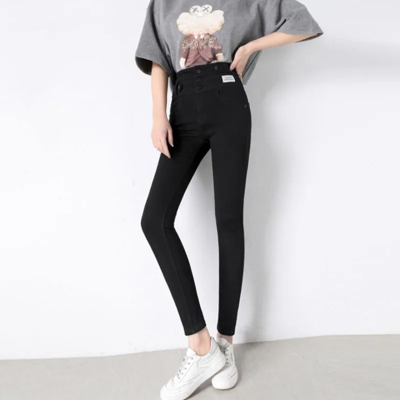 

Женские джинсы, Новинка весна-осень 2021, черные эластичные облегающие джинсы с высокой талией