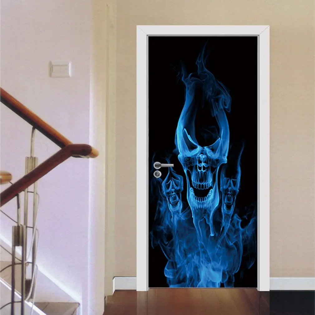 2pcs/set Creative DIY Door Sticker Flame Skull Art Mural Self-adhesive PVC Wall Stickers Home Decor Wallpaper | Дом и сад