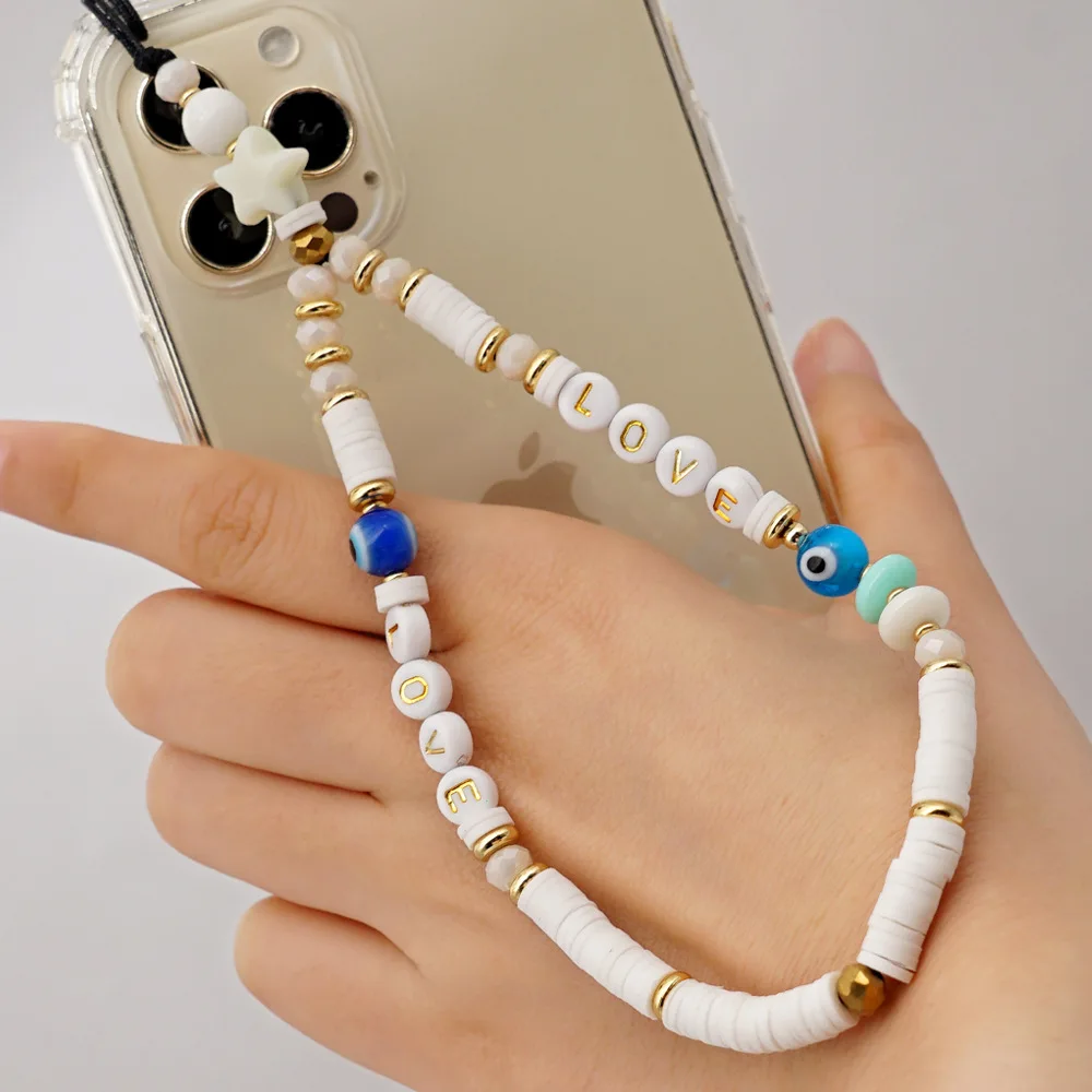 2021 trendy mobile strap phone charm pearl soft pottery beaded phone chain love letter jewelry for women anti lost lanyard gift free global shipping