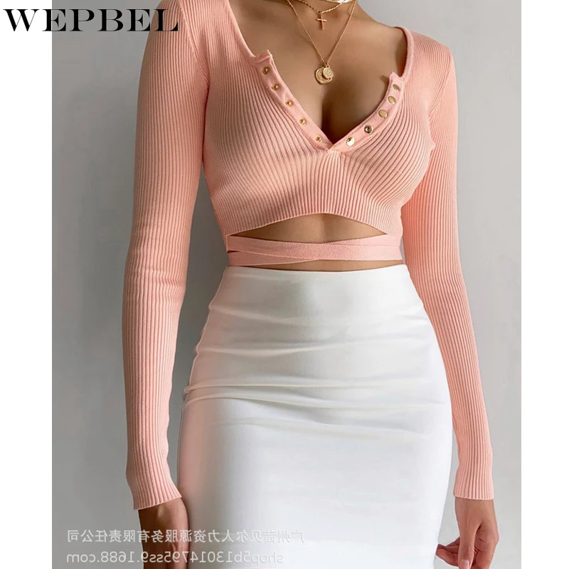 

WEPBEL T-shirt Women's Sexy Slim Solid Color Hollow Out T-shirt Autumn Fashion Long Sleeve Single Breasted V-neck T-shirt