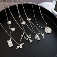 dark gothic big lock key angel pendant necklace punk hip hop three style choker necklace jewelry for men and women gift