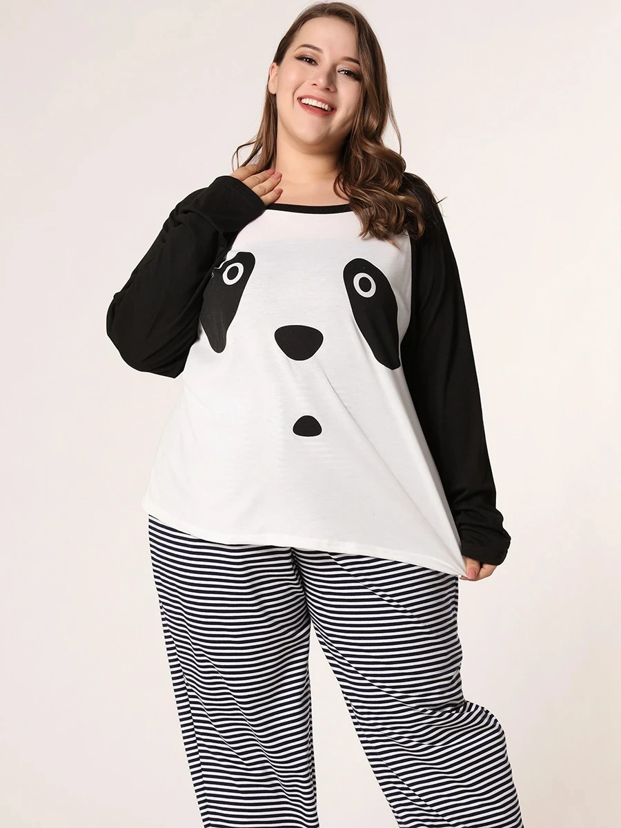

plus size 7XL Women Pajamas Sets Long Sleeve Top and Stripped Pants Women cartoon panda Sleepwear Suit Loose Homewear nightwear