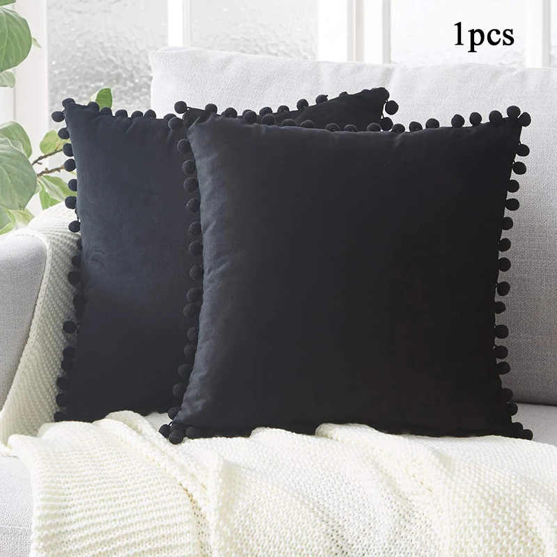 

Sofa Pillow Cover Casual Soft Velvet Cushion Cover Decorative Pillows Throw Pillow Case Solid Color Wool Ball Pillowcase