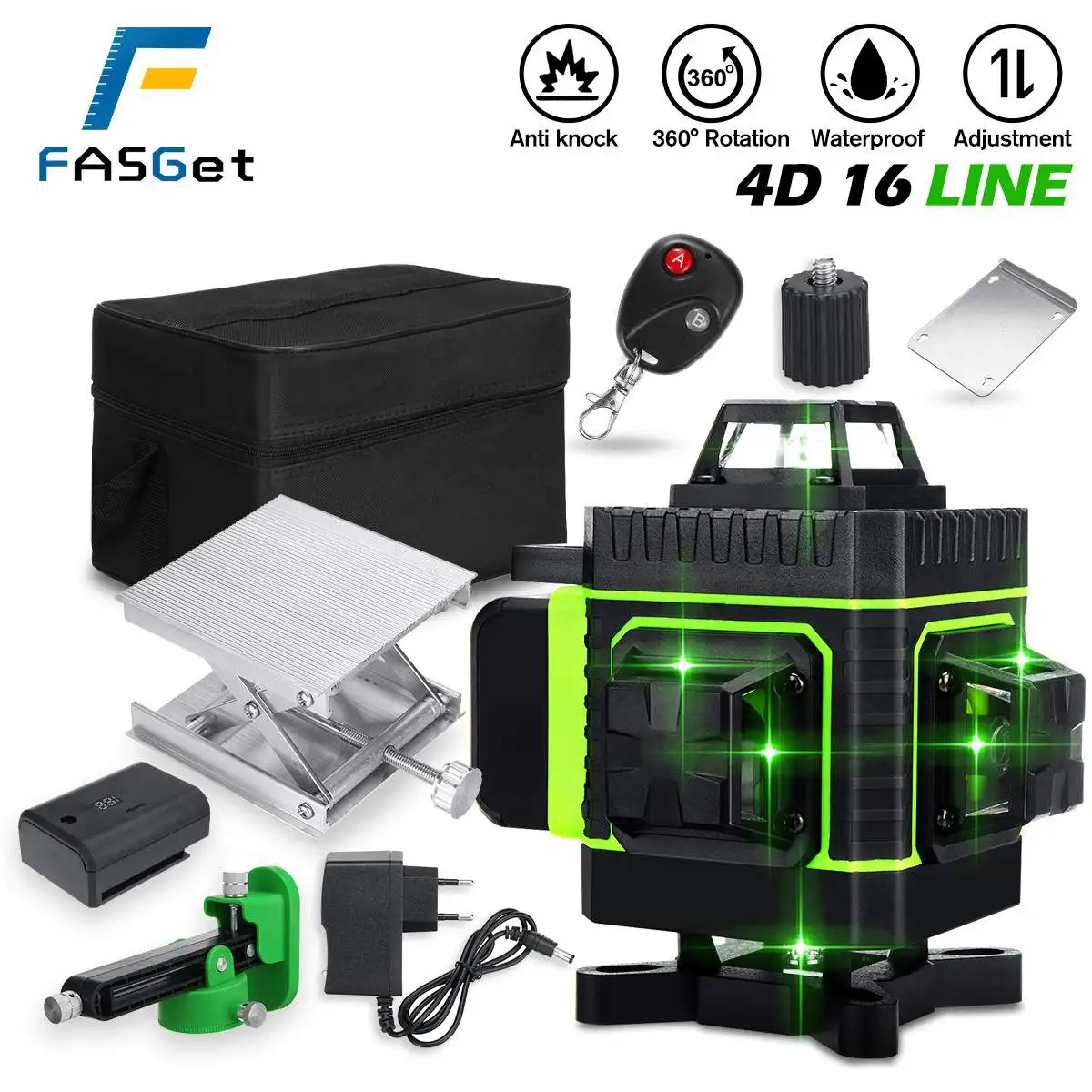 

Лазерный уровень, 16 линий, 360 градусов, горизонтальный, вертикальный, перекрестный, 4D зеленый свет, лазерный уровень, самонивелирующийся, изм...