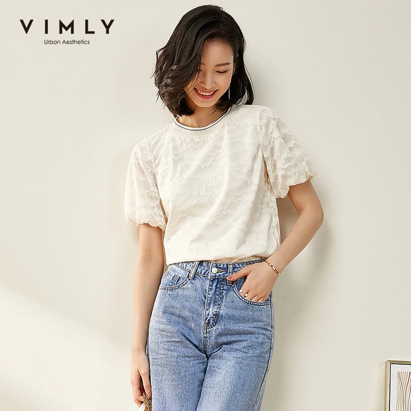 Женская кружевная блузка Vimly элегантная офисная облегающая Однотонная рубашка с