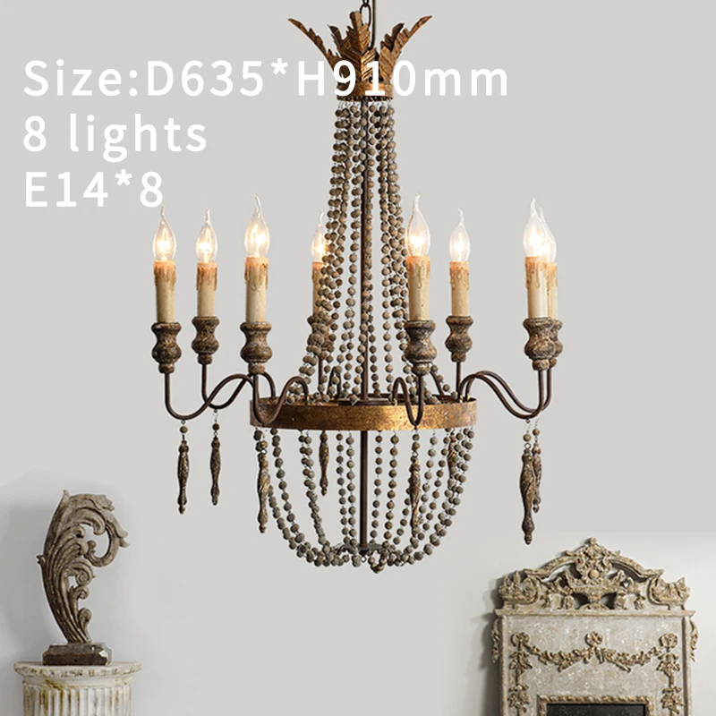 Винтажная люстра с серыми деревянными бусинами в стиле ретро золотой блеск