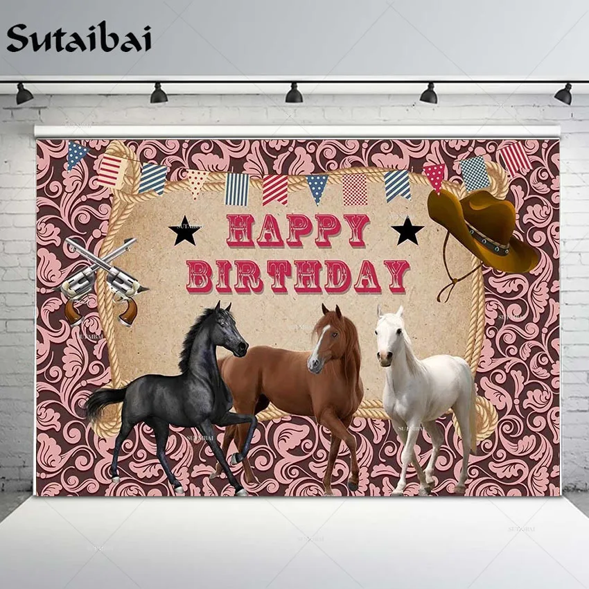 

С Днем Рождения лошадь Cowgirl ковбой Дикий Запад старый Западный салон кактус фотография фон украшение