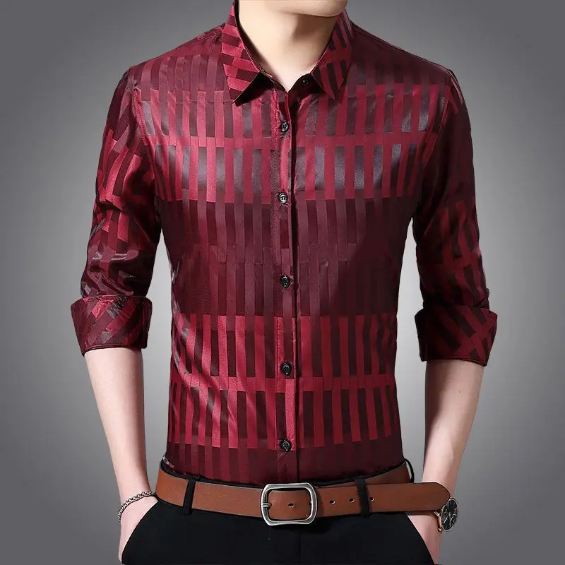 

Рубашка мужская с длинным рукавом, модная повседневная сорочка в полоску, с отложным воротником, мягкая гладкая блуза, осень