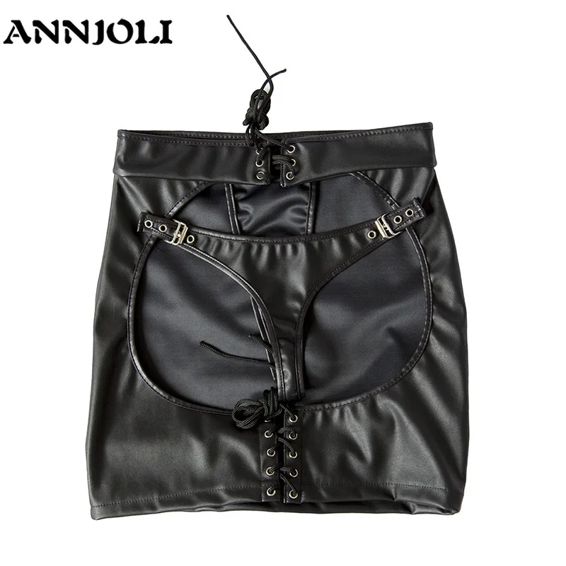 ANNJOLI что Сжигание Любовь секси из искусственной кожи Бандажное платье Mooning юбка