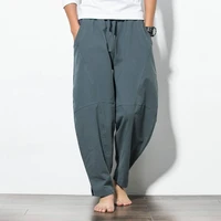 mens harem pants straight wide leg chinese style cotton linen elastic waist d44