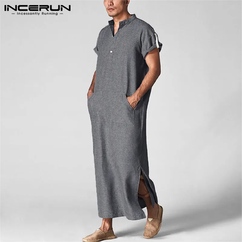 INCERUN Men Islamic Arab Muslim Kaftan Stand Collar Short SLeeve Pockets Vintage Robes Middle East Solid Men Jubba Thobe S-5XL