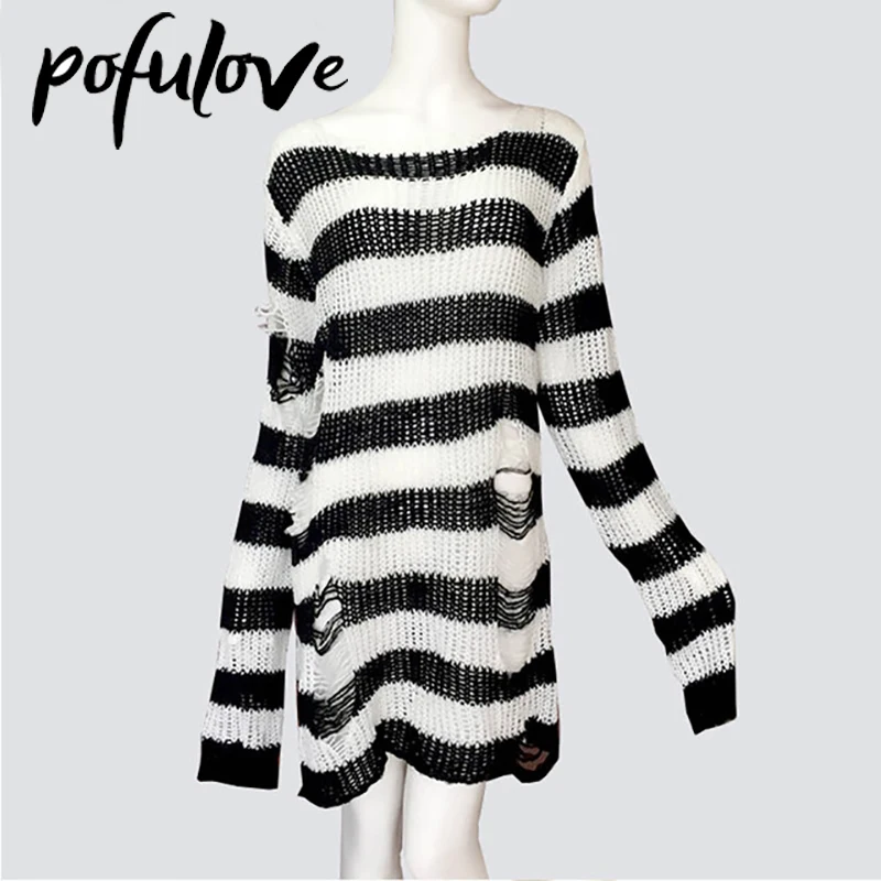 

Sweaters Dress Women Goth Punk Hole Knitwear Plus Size Loose Hollow Out Broken Destroy Jumper Striped Sweaters Pullover Trending