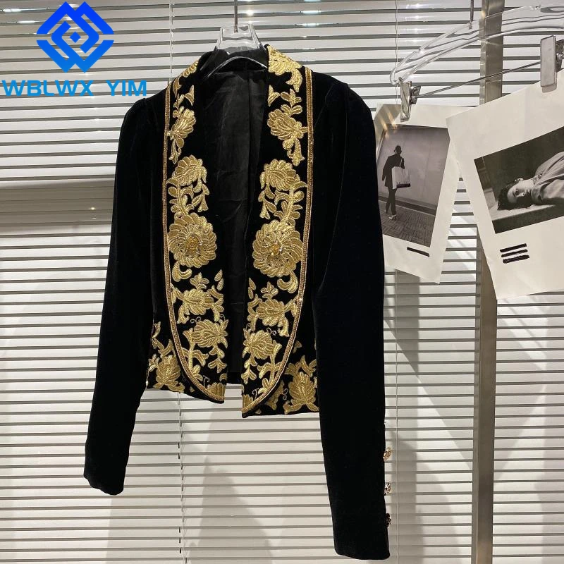 

Black Velvet Blazer Jacket Women Short Coat Lapel Diamond Fashion Flower embroidery Suit Jacket Ladies Elegant Blazers Coat