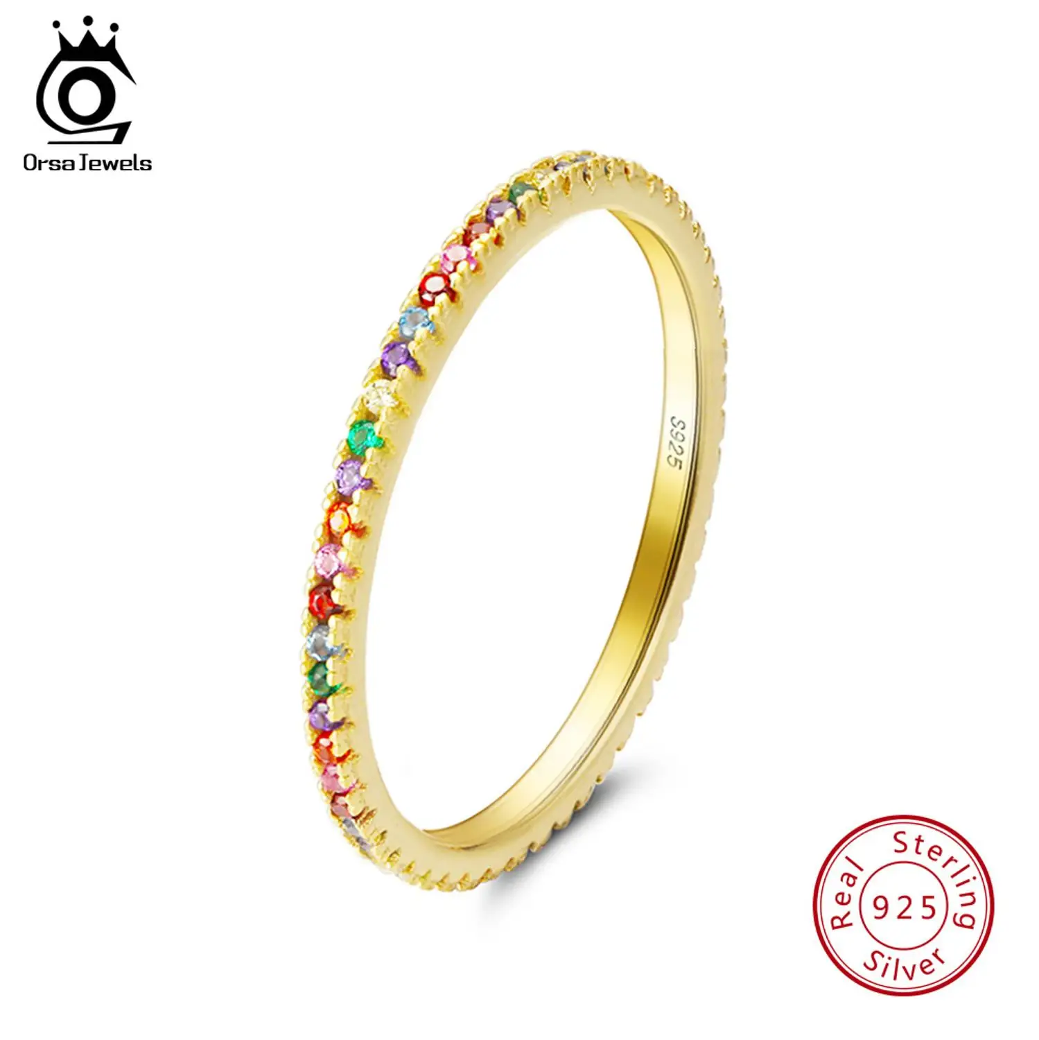 Gold Color ORSA JEWELS, серебряное стекируемое кольцо из натуральной 925 пробы, CZ, кольца на палец вечности для женщин, украшения на свадьбу, годовщину SR63-L - Цвет камня: Gold Color