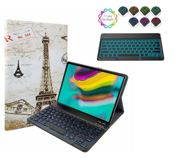 Bluetooth клавиатура чехол для Samsung Galaxy Tab A 10,1 T720 T725 планшет ткань с 7 подсветкой Клавиатура с подсветкой крышка+ ручка+ пленка