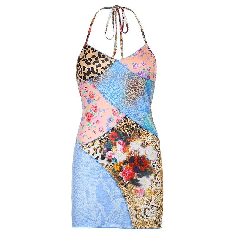 

BIIKPIIK Halter Skinny Print Women Mini Dresses Casual Streetwear Rework 2020 Camisole Sexy Party Wear Female Fashion Dress