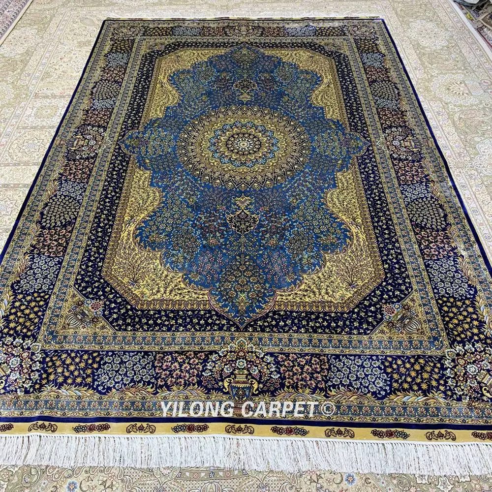 Yilong 6 'x 9' Кашмир qum Vantage ковер синий ручной работы Шелковый Традиционный Ковер
