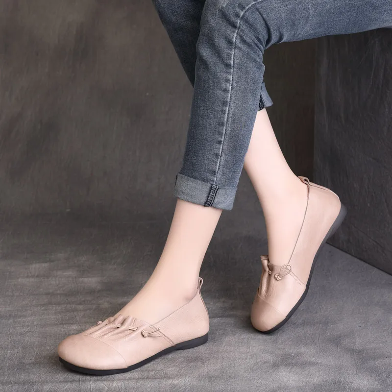 

Women Loafers Leather Shoes Spring Flats Soft Retro Genuine Leather Ballat Flats Slip on Beige Handmade Lazy Shoes Ladies 2021