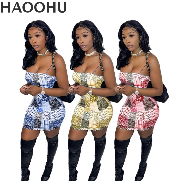 

HAOOHU Cross-border Foreign Trade Women's clothing New Hot Style Sexy Women's special Printing Suspender Dress Nightclub Clothes