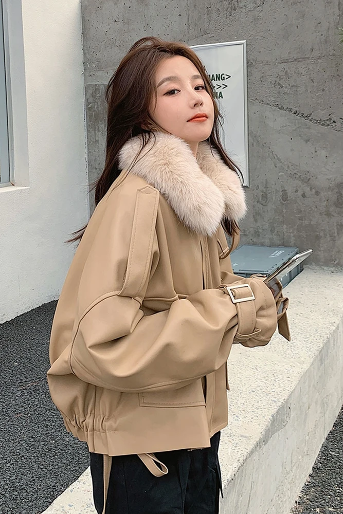 

Autumn and Winter Wild Fleece-Lined Thick Leather Coat Small Parka Large Fur Collar Motorcycle Jacket Women
