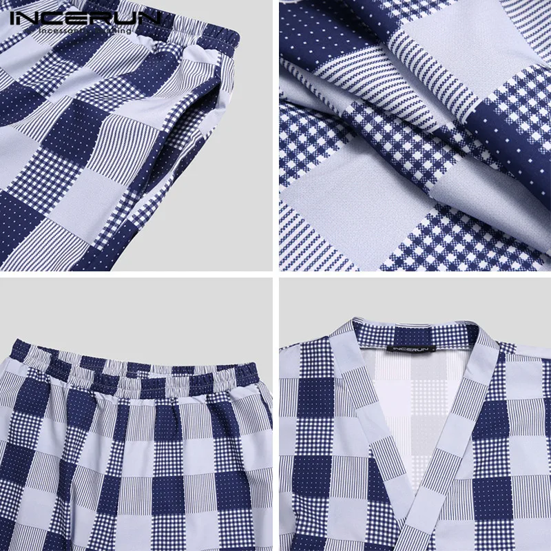 

INCERUN Men Plaid Pajamas Sets Japanese Kimono Short Sleeve Lace Up Sleepwear Cozy Shorts Leisure Homewear Men Nightwear Suit