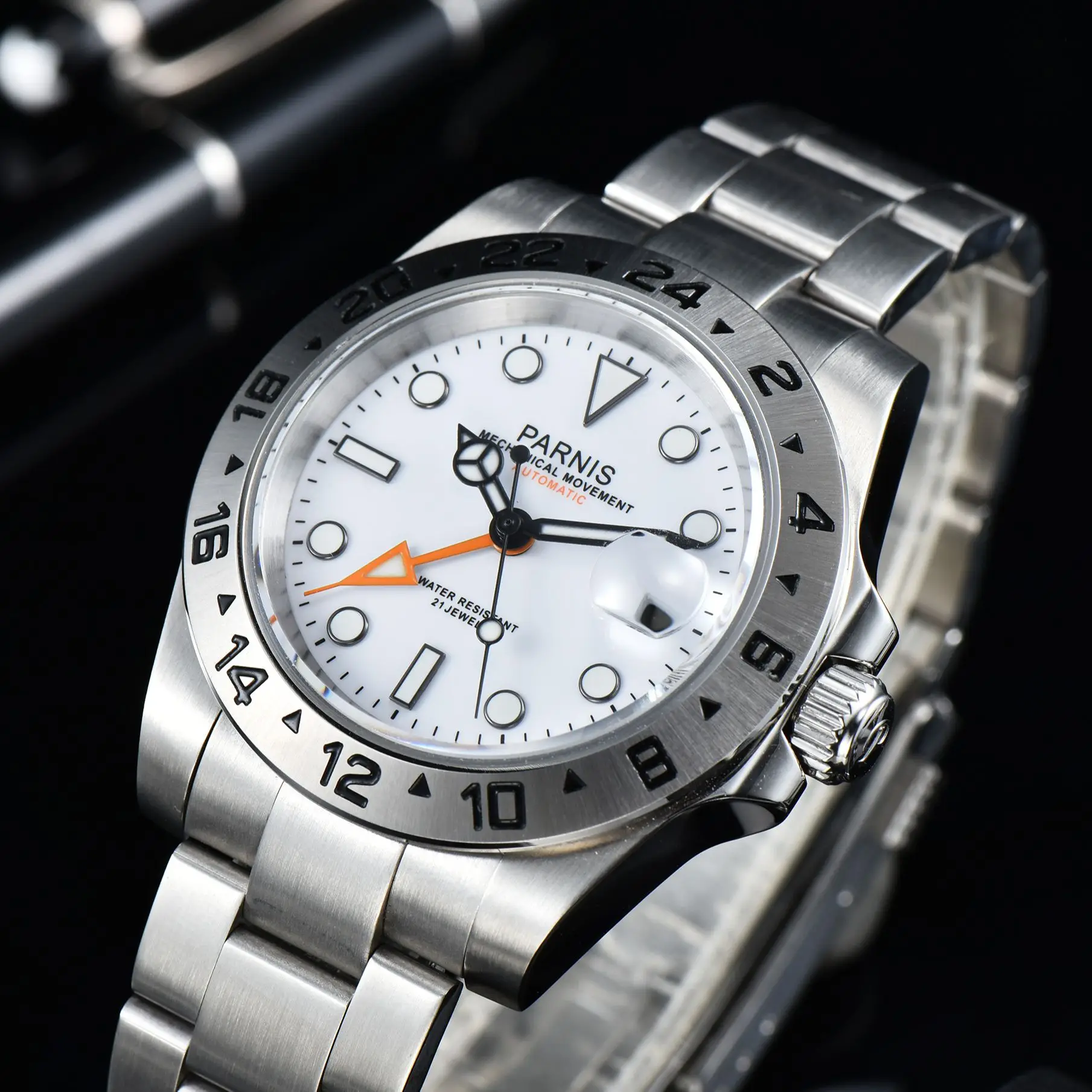 

Parnis 40mm Stainless Steel Case Mechanical Men Watches GMT Mingzhu 3804 Movement Calendar Automatic Luminous Watch Gift Clock