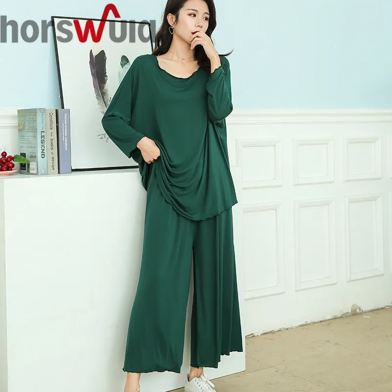 horswula Plus Size Home Clothes Super Loose Long-sleeve Pajamas Womens Two Peice Sets Sportswear Wide-leg Pants Trouser Suits