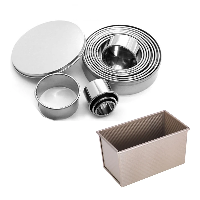 

11 Piece Set Stainless Steel Mousse Ring Round Cake Mold With 450G Toast Mold Toast Box Lid Pan Cake Toast Baking Tools