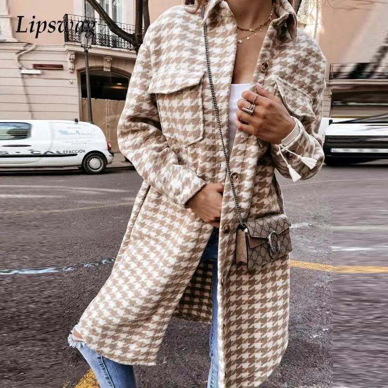 

Женское однобортное пальто, элегантное клетчатое пальто с принтом, Повседневный Кардиган с длинным рукавом, женская верхняя одежда из смеш...