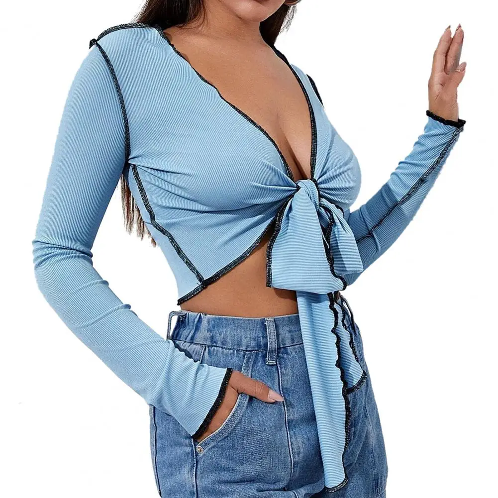 

Long Sleeve Ladies Blouse Blue Stamping Deep V Neck Shirt Fashion Bandage Sexy Shirts Women Chest Bow Blouses Female Clothing