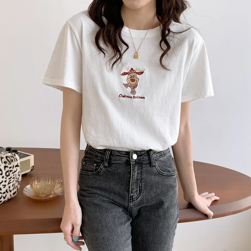 

Real price Hong Kong style small deer short sleeve letter T-shirt women 2021 new loose and thin half sleeve