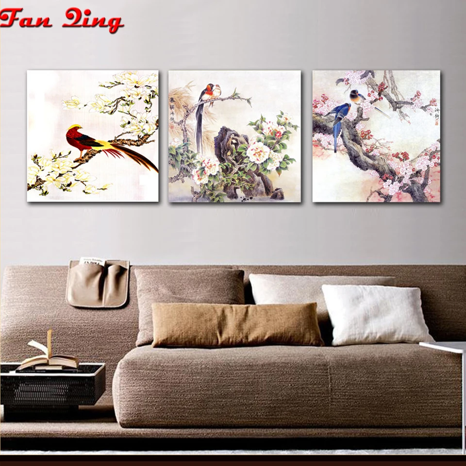 

Набор для алмазной вышивки «сделай сам», картина из круглых квадратных страз в китайском стиле с цветами и птицами, мозаика 5D для вышивки крестиком, домашний декор, 3 шт.