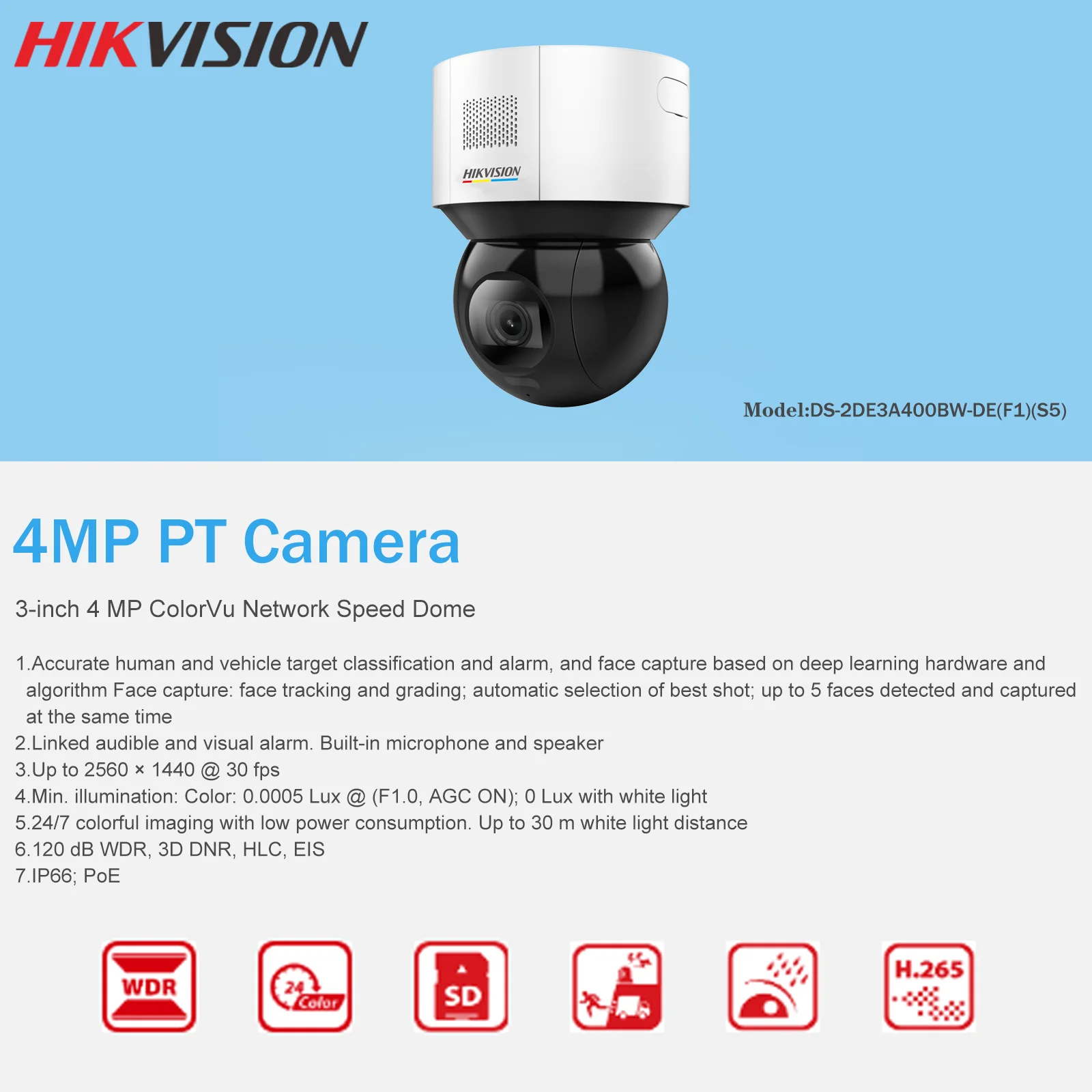 Hikvision Acusense PTZ ColorVu 4-мегапиксельная IP-камера DS-2DE3A400BW-DE(F1)(S5) H265 + POE Встроенный