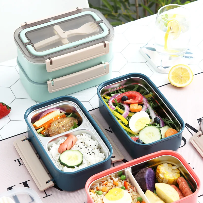 

Stainless Steel Insulated Lunch Box Double-layered Lunch Box with Tableware Portable for Working Adults with Rice Lunch Boxes